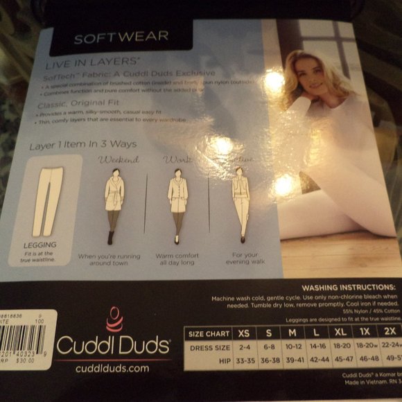 CUDDL DUDS Soft Wear Warm Layers LEGGINGS~White~Small~NWT - Picture 4 of 4